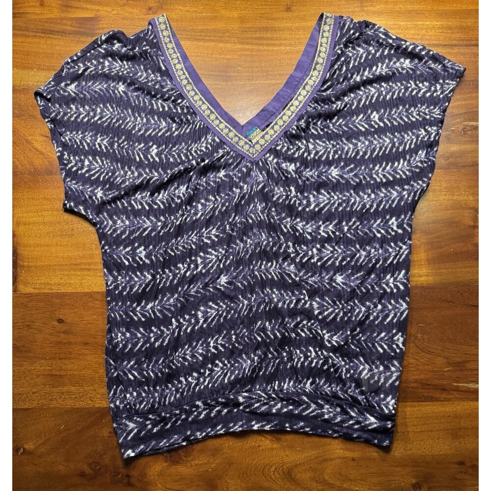 Free People Deep V-Neck Top Medium Purple Abstract Chevron Knit Blouson Blouse